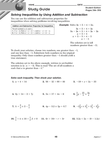 Solving Inequalities by Using Addition and Subtraction Worksheet