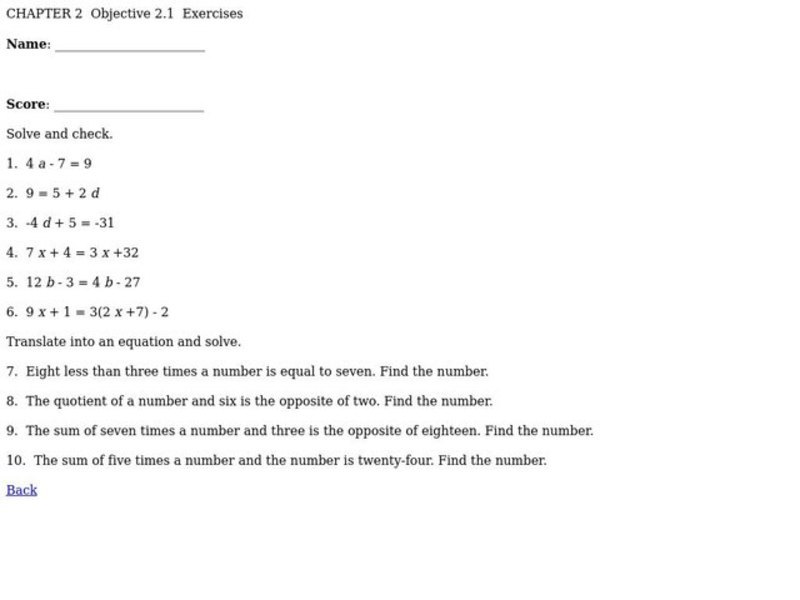 Solving Linear Equations Worksheet