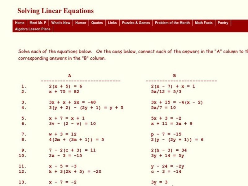 Solving Linear Equations Worksheet