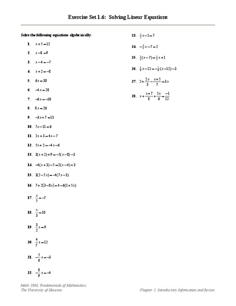 Solving Linear Equations Worksheet