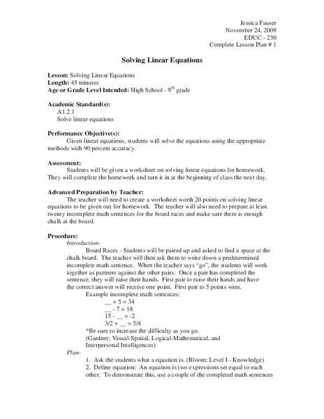 Solving Linear Equations Lesson Plan
