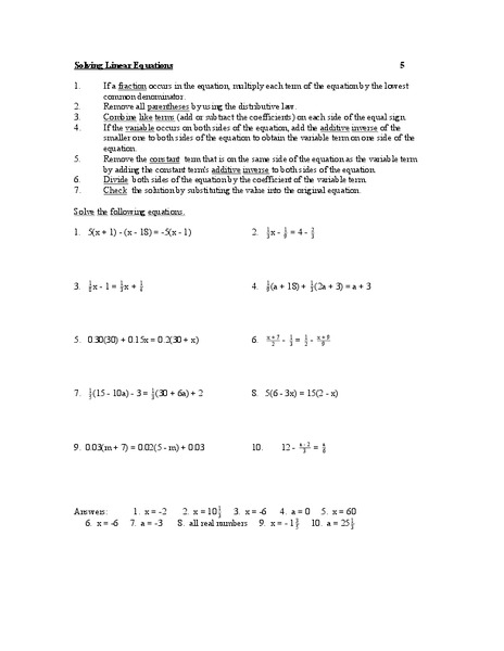 Solving Linear Equations Worksheet