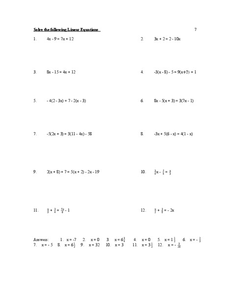 Solving Linear Equations Worksheet