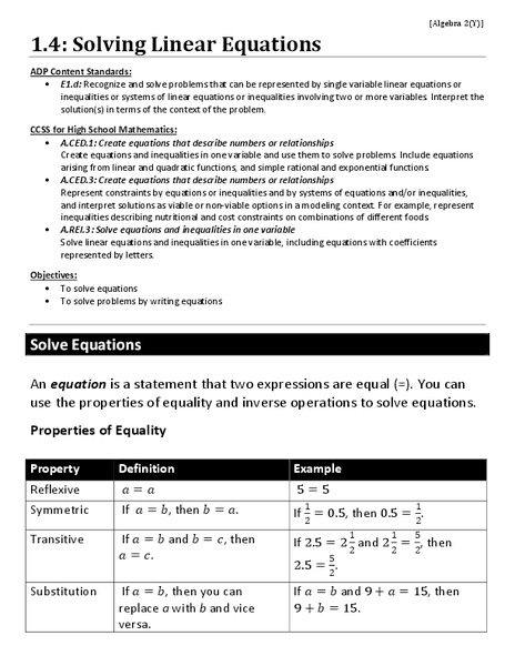 Solving Linear Equations Worksheet
