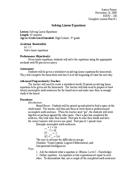 Solving Linear Equations Lesson Plan