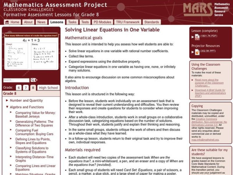 Solving Linear Equations in One Variable Lesson Plan