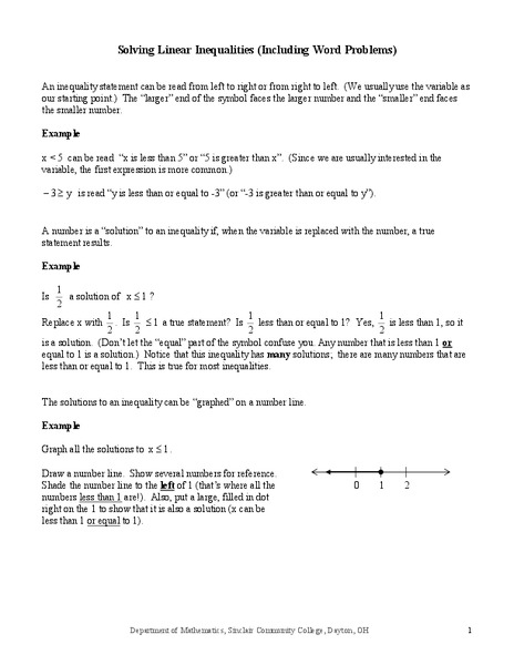 Solving Linear Inequalities Worksheet