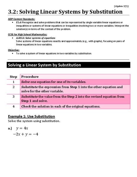Solving Linear Systems by Substitution Worksheet