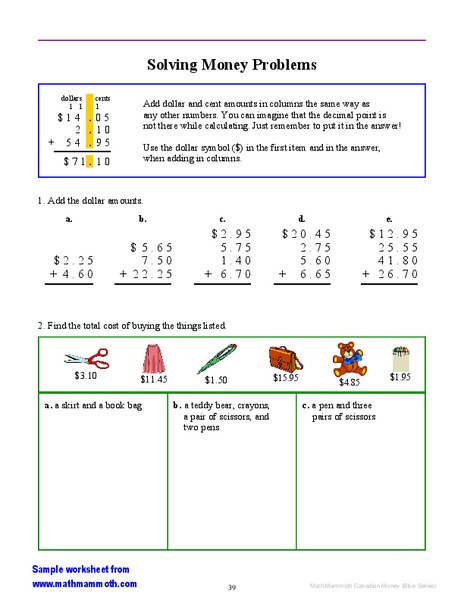 Solving Money Problems Worksheet