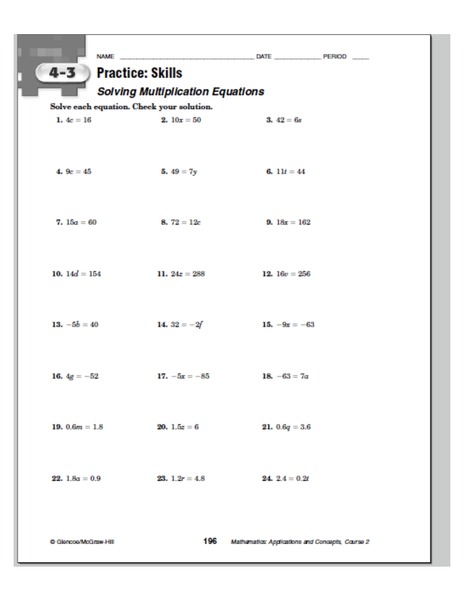 Solving Multiplication Equations Worksheet