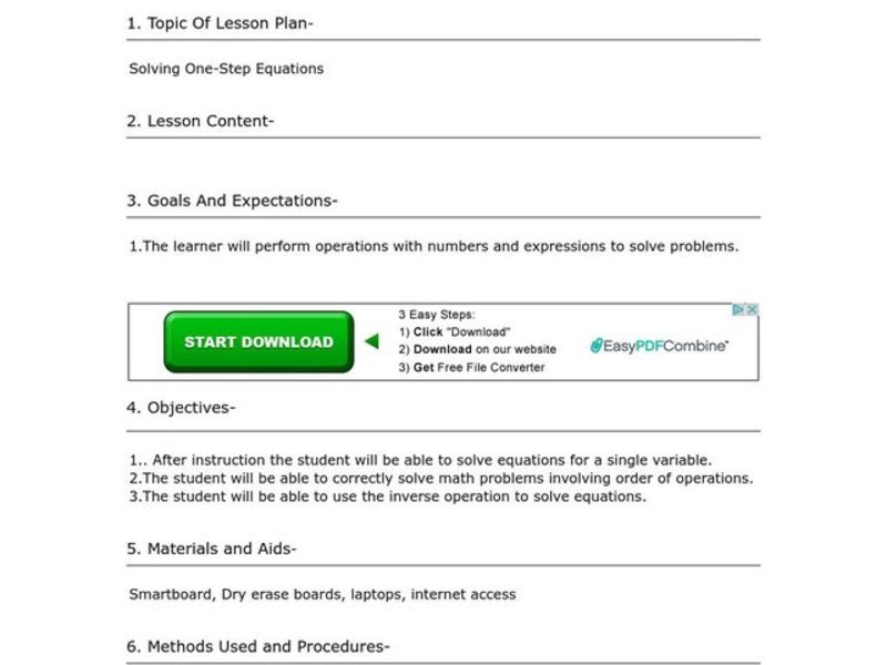 Solving One-Step Equations Lesson Plan