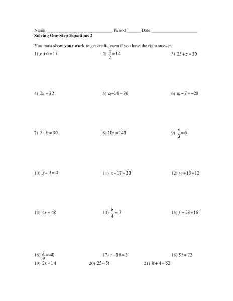 Solving One-Step Equations 2 Worksheet