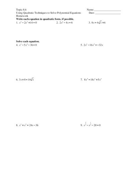Solving Polynomial Equations Worksheet