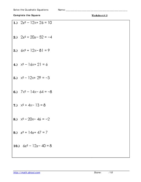 Solving Quadratic Equations Worksheet