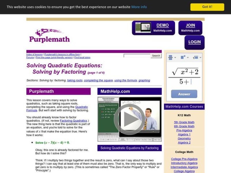 Solving Quadratic Equations Worksheet