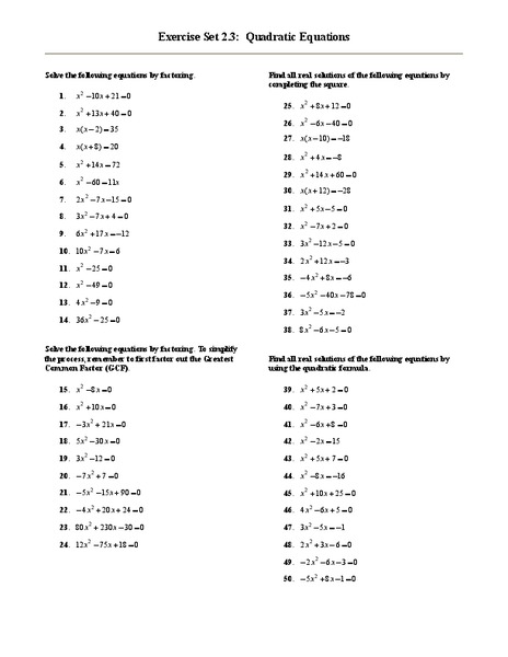 Solving Quadratic Equations Worksheet