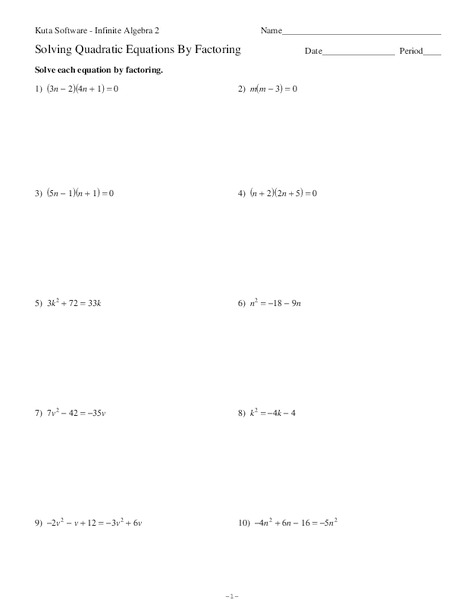 Solving Quadratic Equations By Factoring Worksheet