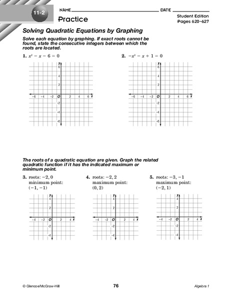 Solving Quadratic Equations by Graphing Worksheet