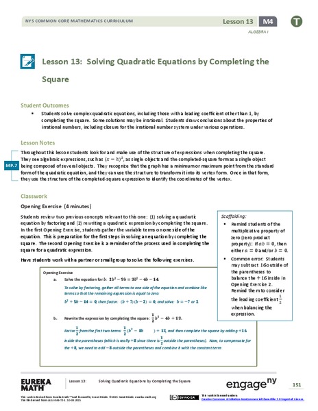 Solving Quadratic Equations by Completing the Square Lesson Plan