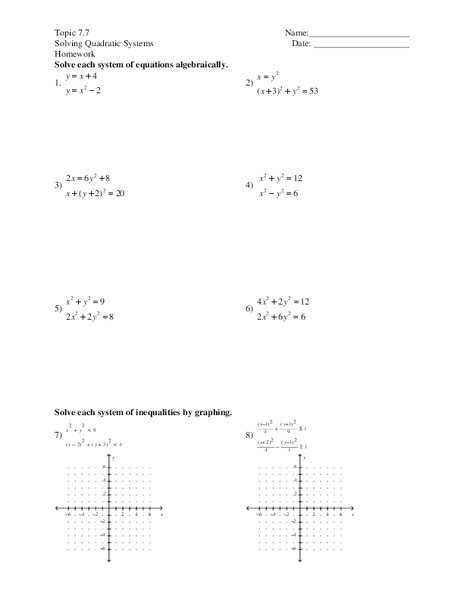 Solving Quadratic Systems Worksheet
