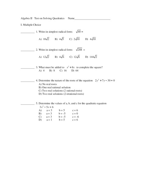 Solving Quadratics Worksheet