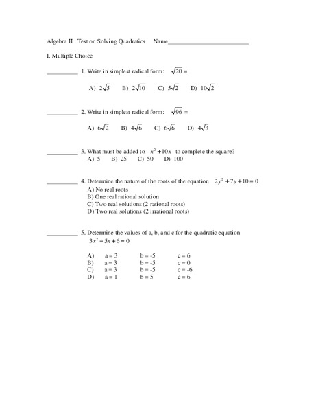 Solving Quadratics Worksheet