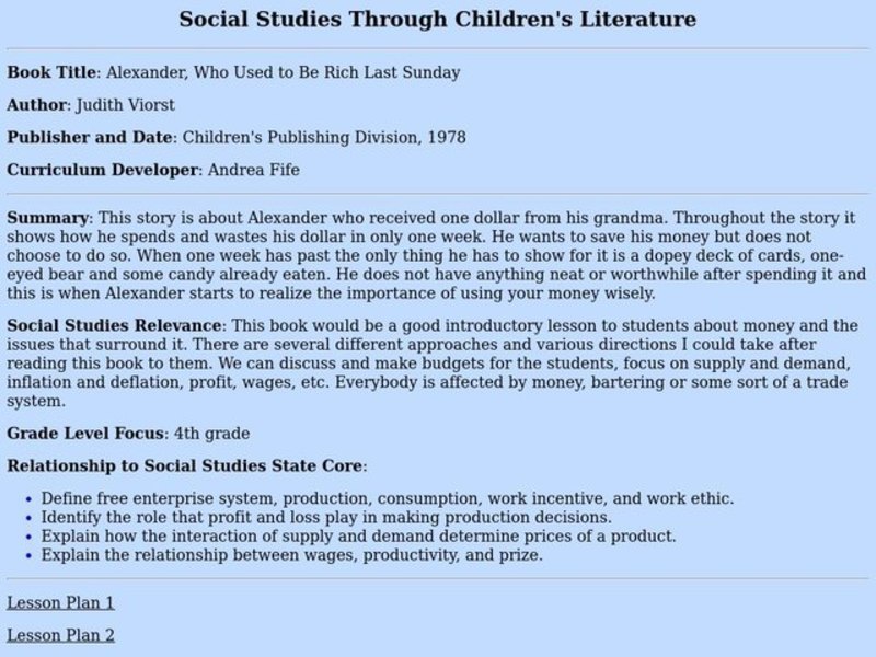 Alexander, Who Used to Be Rich Last Sunday Lesson Plan