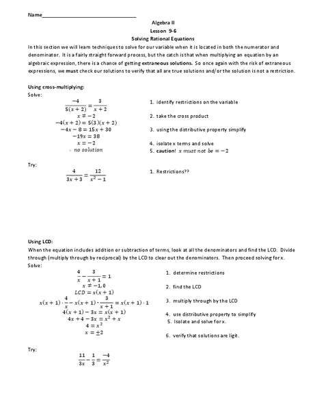 Solving Rational Equations Worksheet