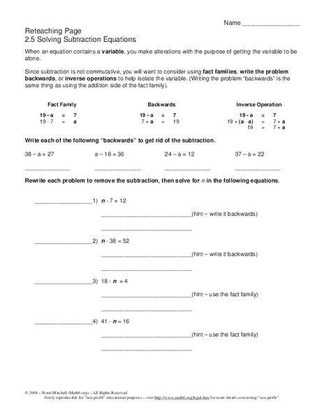 Solving Subtraction Equations Worksheet