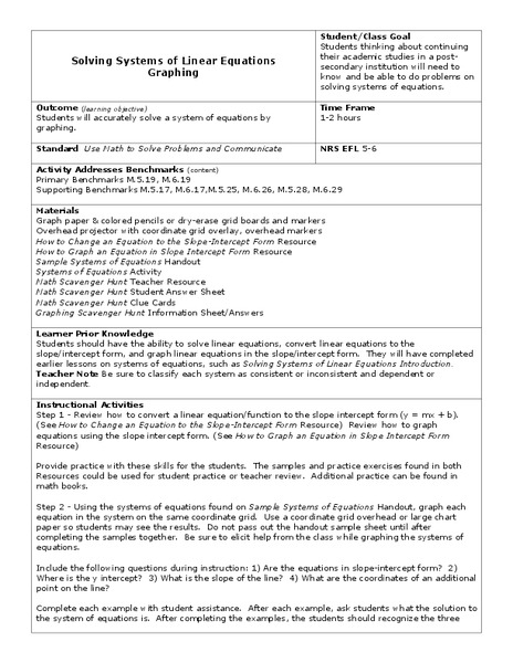 Solving System of Linear Equations Lesson Plan