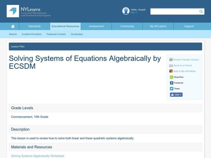 Solving Systems of Equations Algebraically Lesson Plan