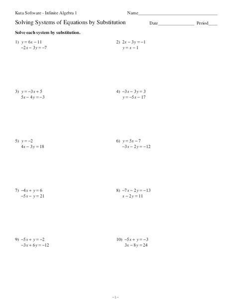 Solving Systems of Equations by Substitution Worksheet