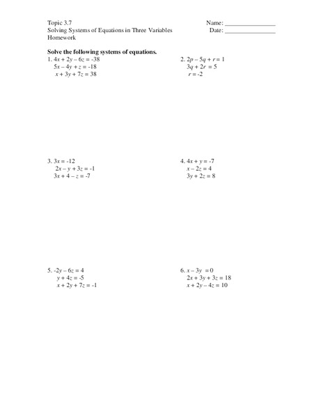 Solving Systems of Equations in Three Variables Worksheet