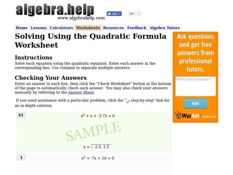 Solving Using the Quadratic Formula Worksheet Worksheet