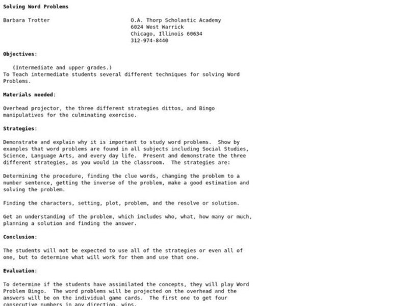 Solving Word Problems Lesson Plan