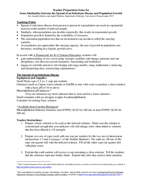 Some Similarities Between the Spread of an Infectious Disease and Population Growth Lesson Plan