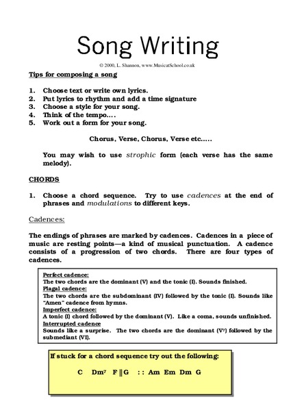 Song Writing Worksheet