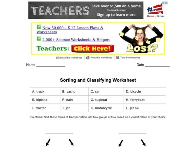 Sorting and Classifying Worksheet Organizer