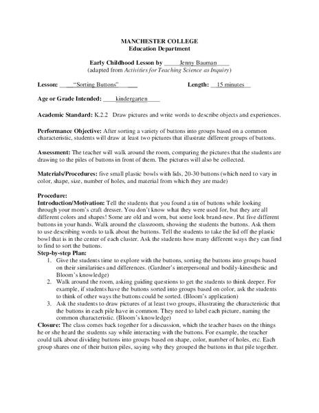 Sorting Buttons Lesson Plan