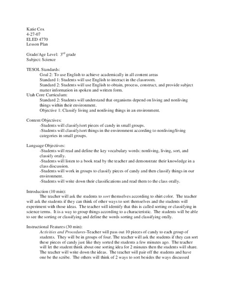 Sorting Living and Nonliving Objects Lesson Plan
