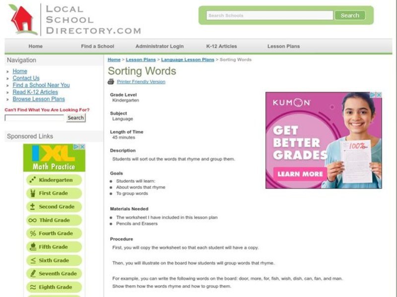 Sorting Words Lesson Plan