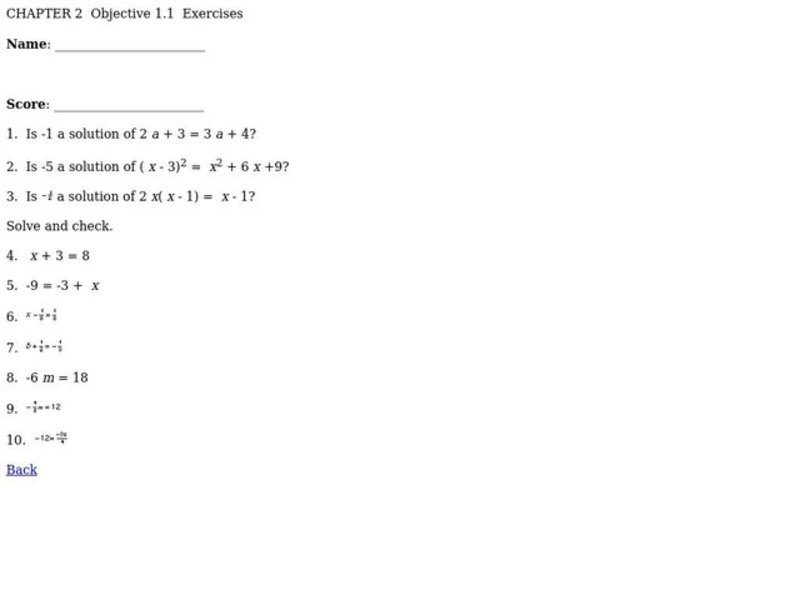 Algebraic Equations Worksheet