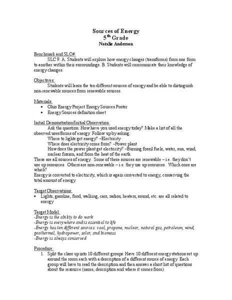 Sources of Energy Lesson Plan