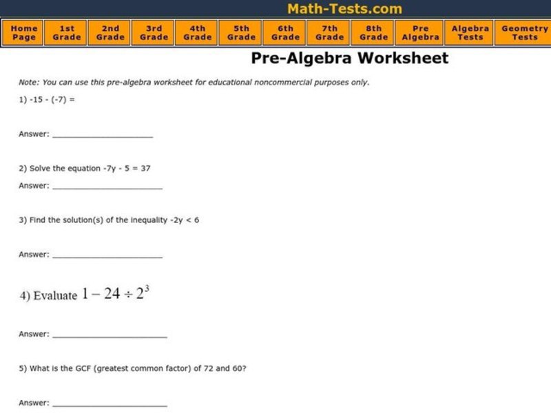 Algebraic Equations Worksheet