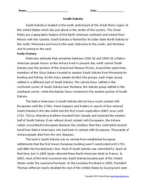 South Dakota Worksheet