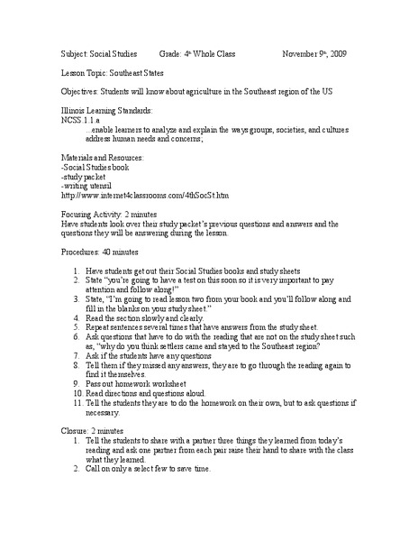 Southeast States Lesson Plan