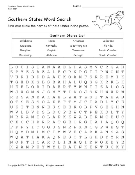 Southern States Word Search Worksheet