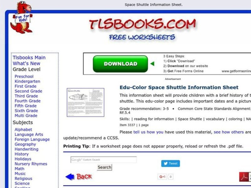 Space Shuttle Worksheet