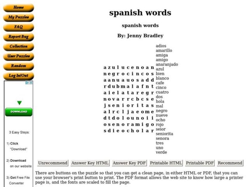 Spanish Words Worksheet