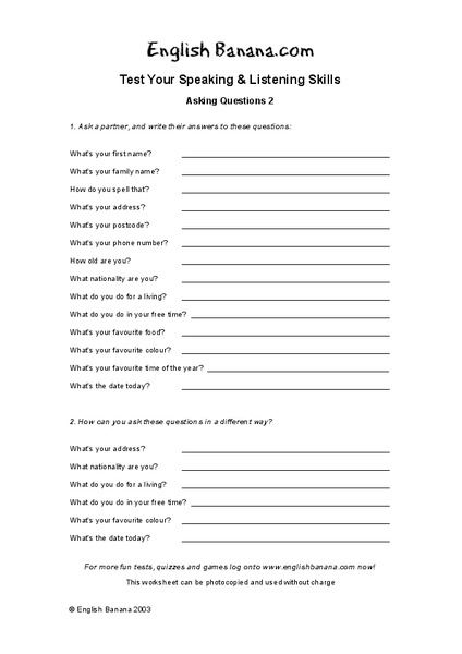 Speaking and Listening Worksheet